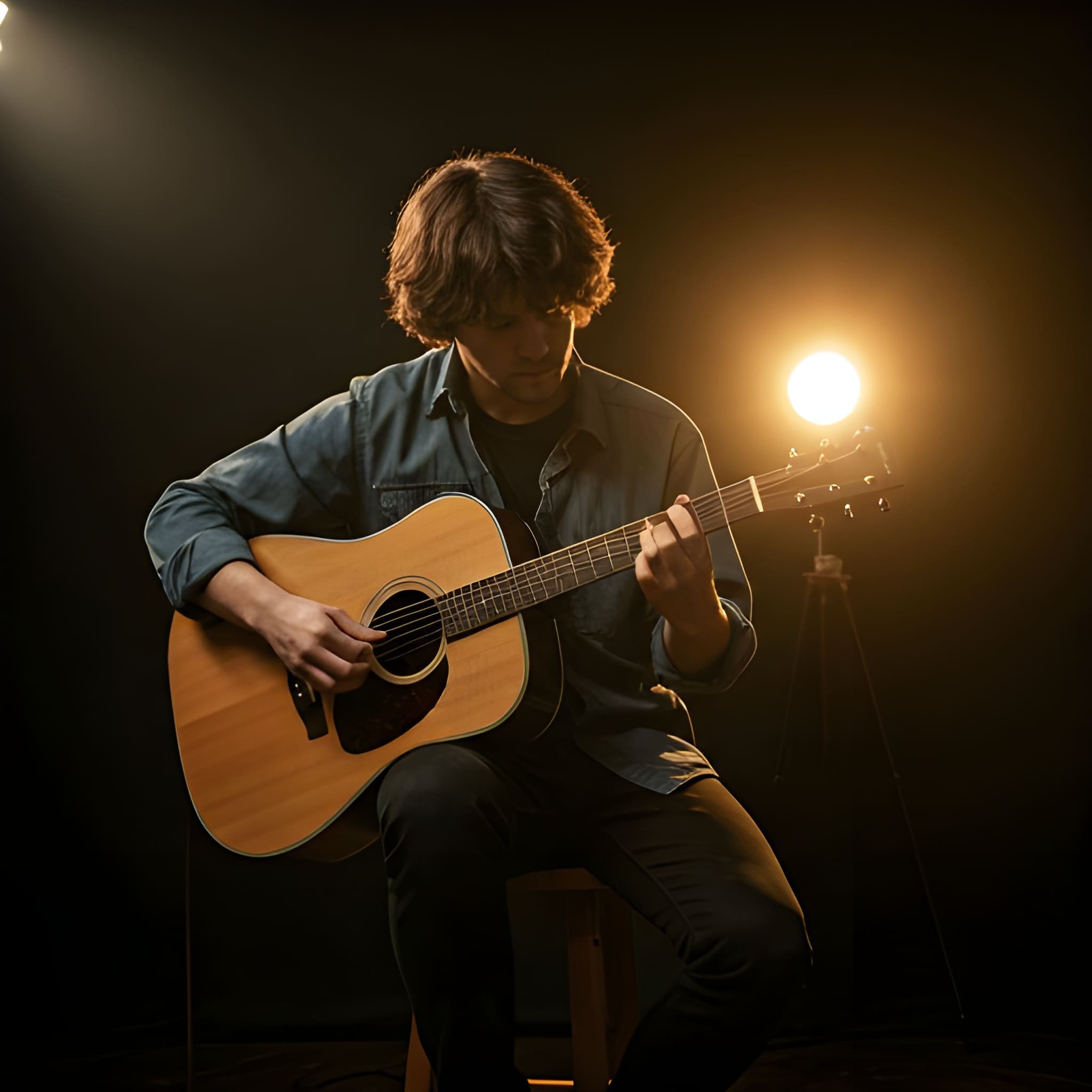 Cinematic shot of a musician playing acoustic guitar in a dimly lit studio with warm lighting