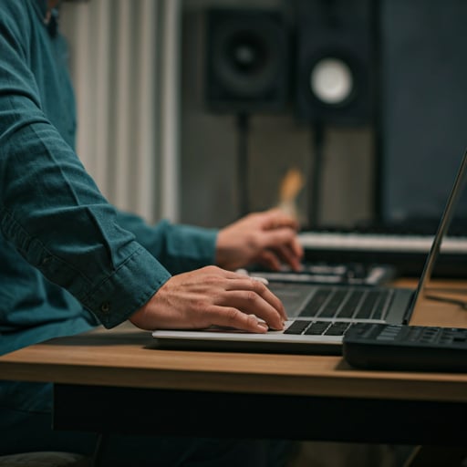 Music producer working on a laptop with midi controller in a modern creative space